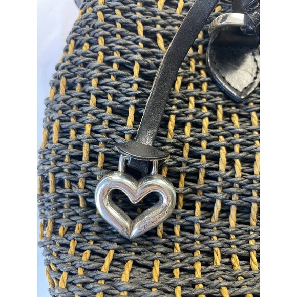 Brighton Raffia Straw Woven Tote Shoulder Bag Black/Tan Double Handle Vintage - Picture 2 of 9